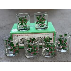 Indiana Glass Christmas "Holiday On The Rocks" 9 oz Glasses 6 Original Box NOS